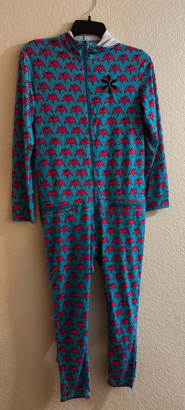 Airblaster Classic Ninja Suit kids 10/12 Teal Pink Bat Print Hooded Base Layer